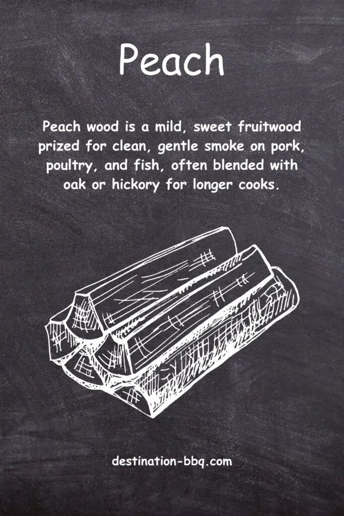 Chalkboard design for the BBQ term "Peach" (fruitwood) including a definition and a sketch of a pile of cut firewood.
