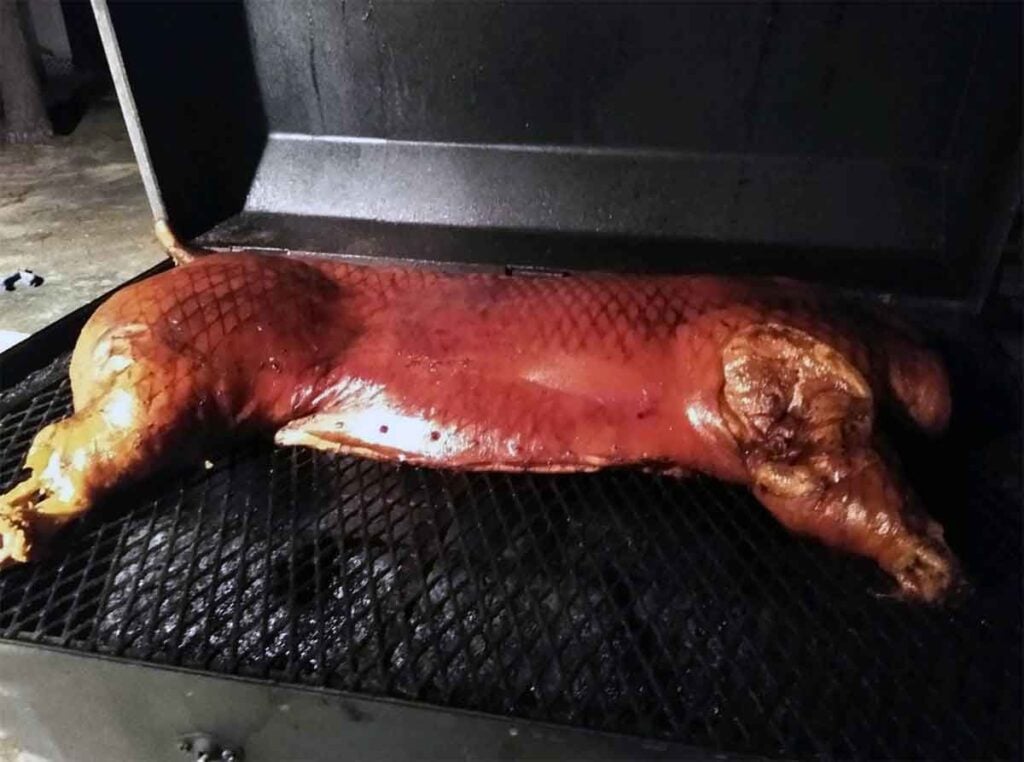 Whole hog on an offset smoker with scored skin and deep bark.