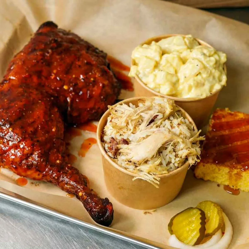 Barbecued chicken with sides.