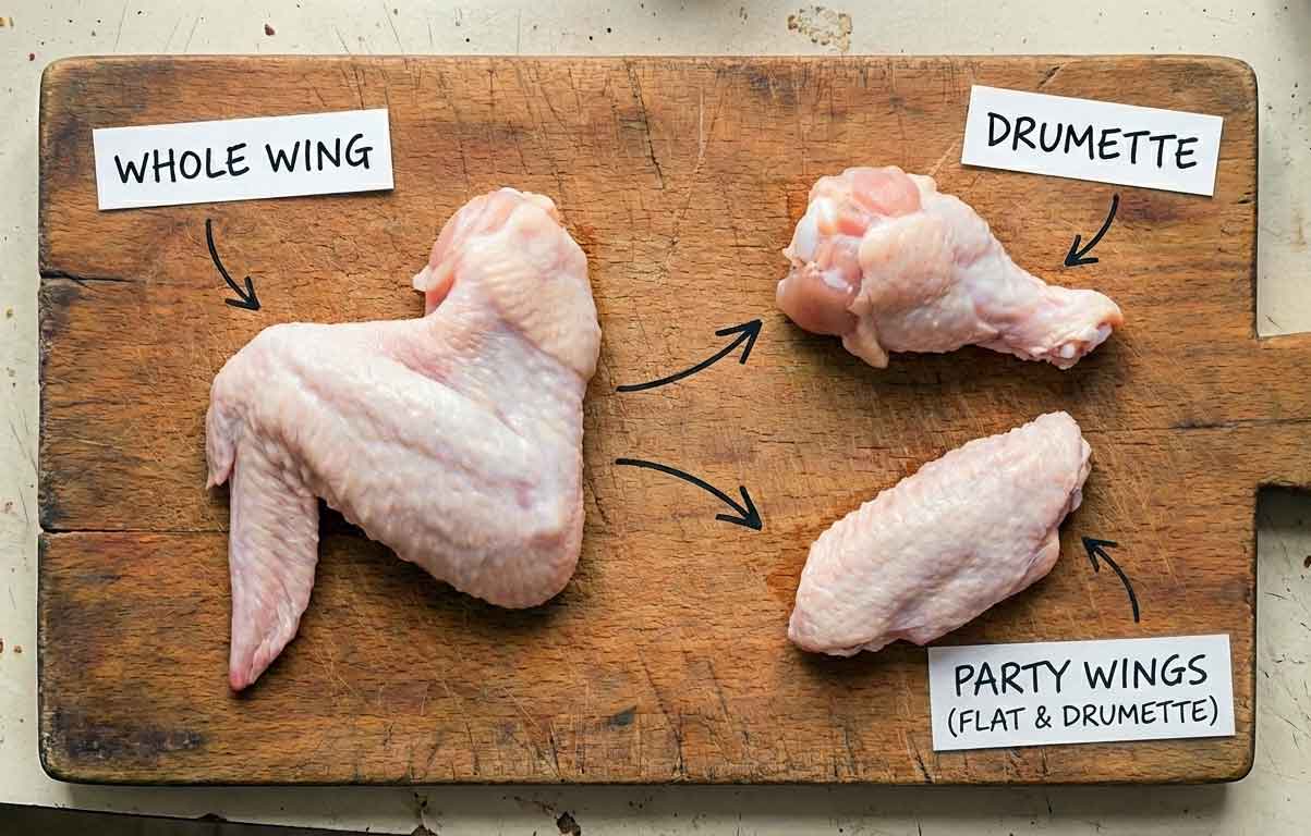 Whole chicken wing next to separated flat and drumette pieces on a cutting board.