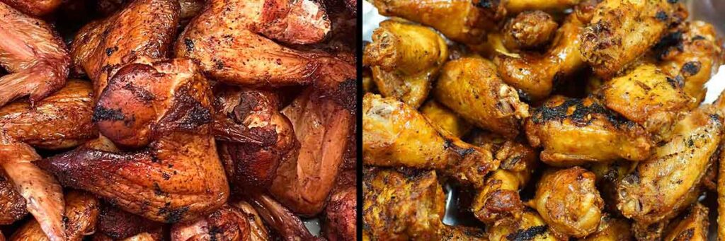 Whole wings on the left and party wings (flats and drumettes) on the right, side-by-side.