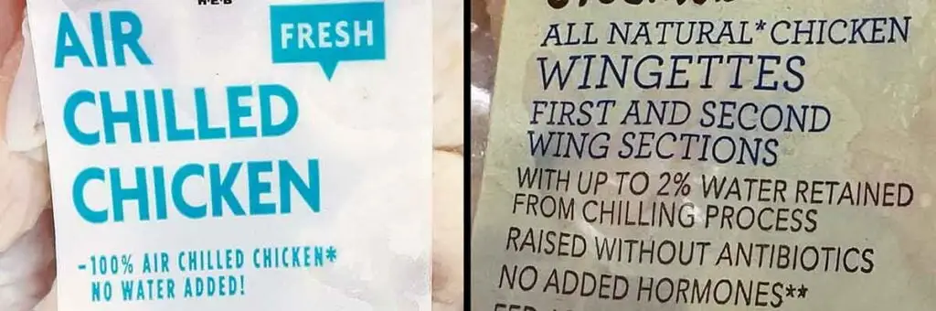 Air-chilled label (no water added) compared with retained-water wording (up to 2% water retained) on wings.