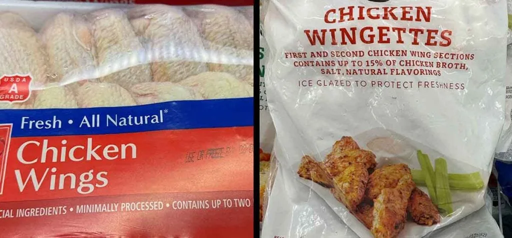 Fresh, all-natural chicken wings in a tray (left) vs bagged wingettes ice-glazed with up to 15% broth solution (right).