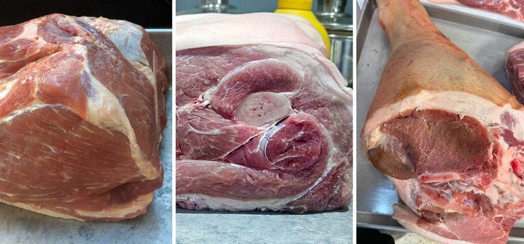 Left to right: pork butt, picnic shoulder, and fresh ham side by side for comparison.