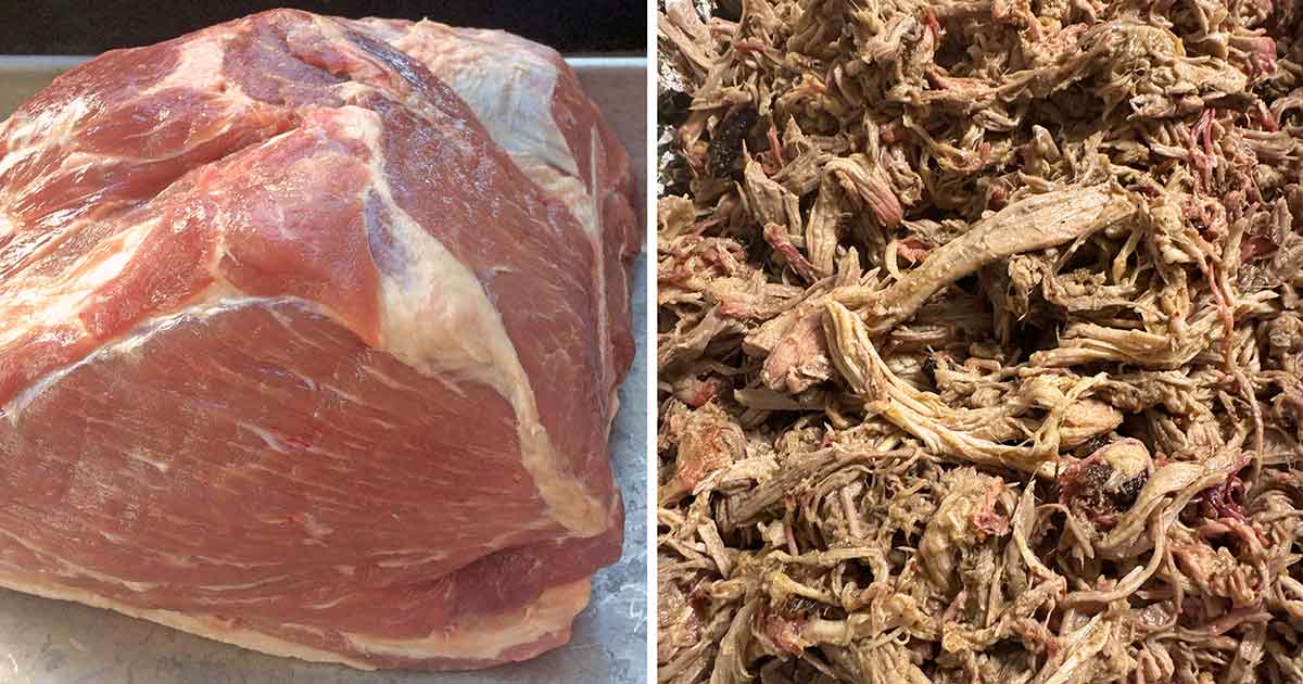 Raw boneless pork butt beside finished pulled pork, showing the before-and-after change behind pork butt yield.