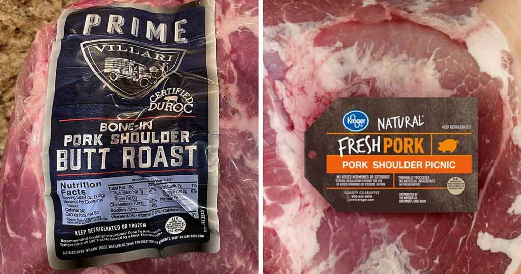 Side-by-side pork packages labeled pork shoulder butt roast and pork shoulder picnic.