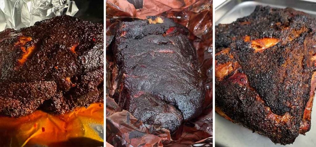 Foil, butcher paper, and no-wrap pork butt examples showing different bark, moisture, and timing tradeoffs.