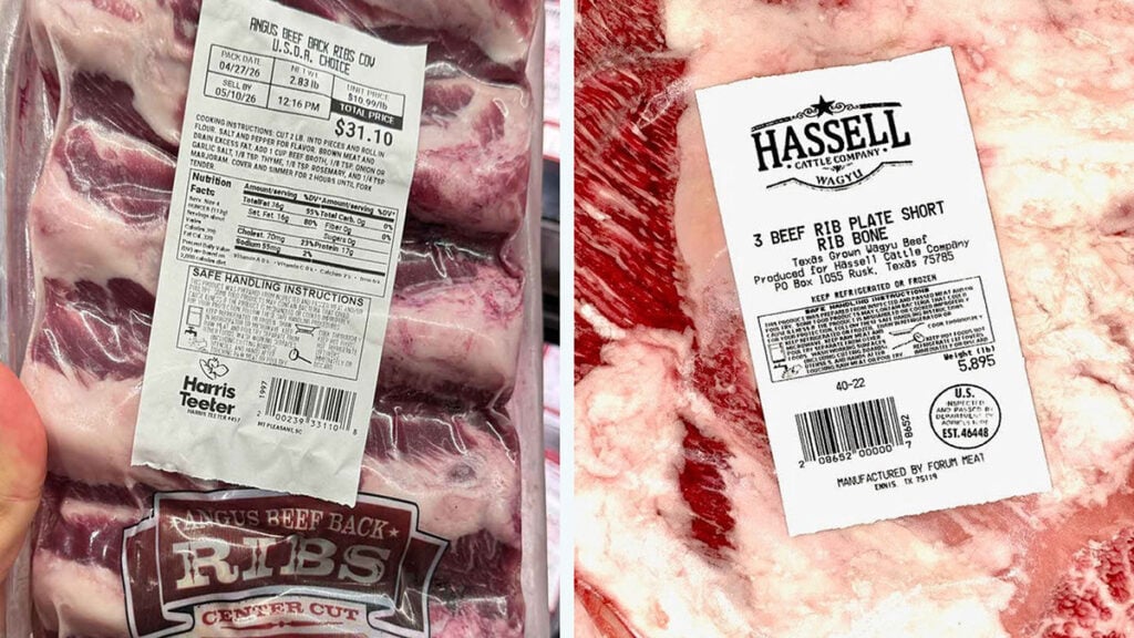 Labels for beef back ribs and 3-bone beef plate short ribs, showing two different beef rib cuts.