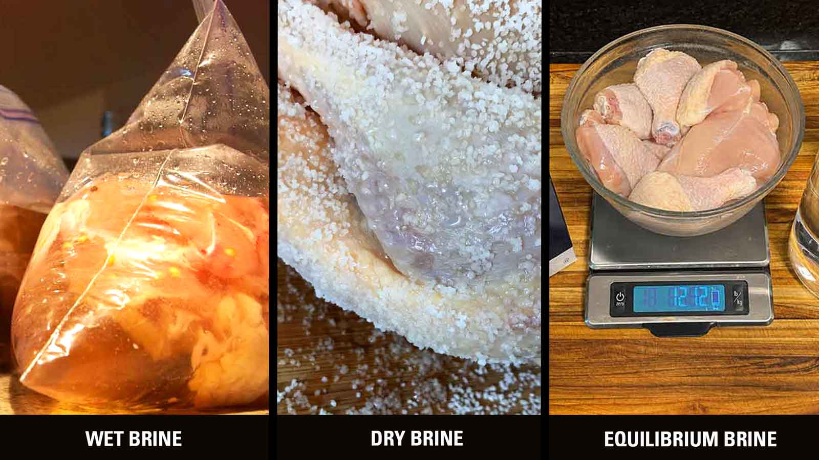 Wet brine, dry brine, and equilibrium brine setups shown side by side for choosing a brining method.