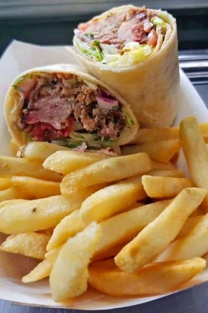 BBQ wrap with fries.
