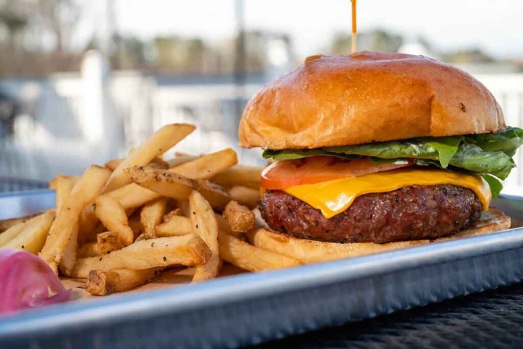 Cheeseburger with fries with lake setting in background.