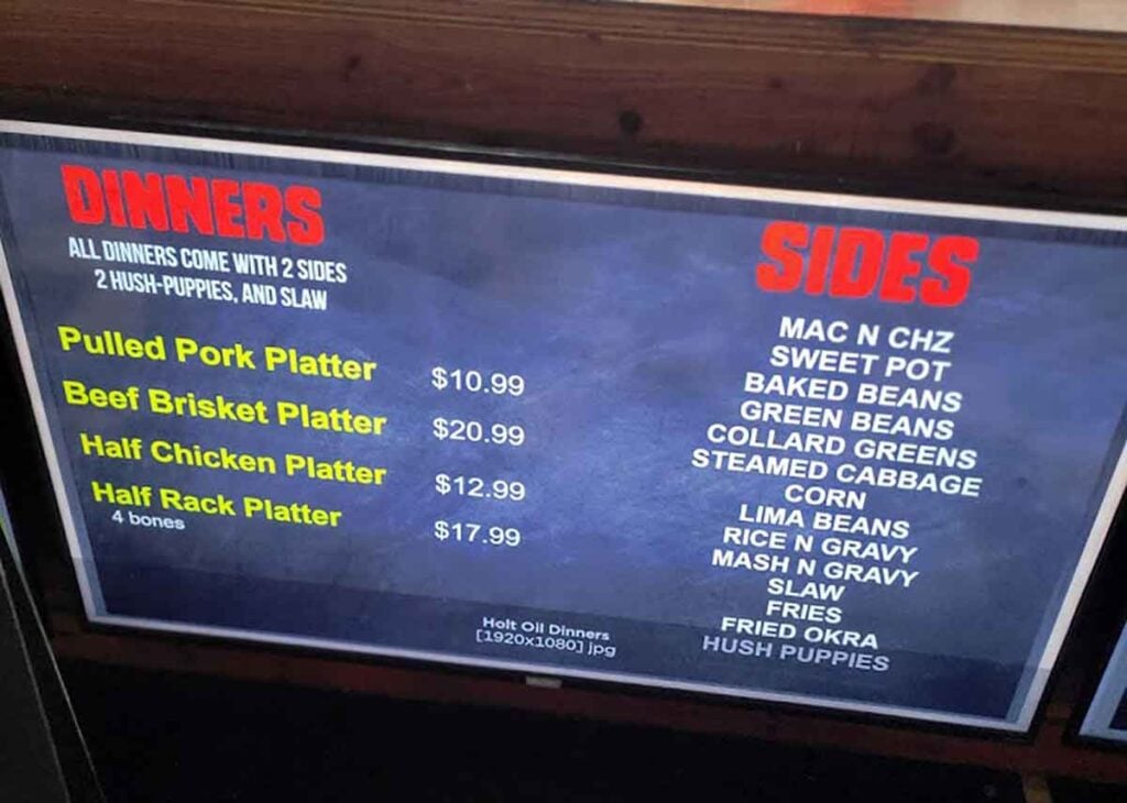 The dinner menu for Holt Oil in Effingham, SC.