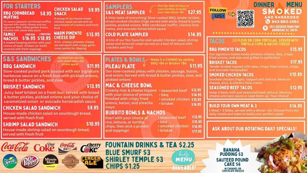 Dinner menu for Smoked and Shredded in Andrews.