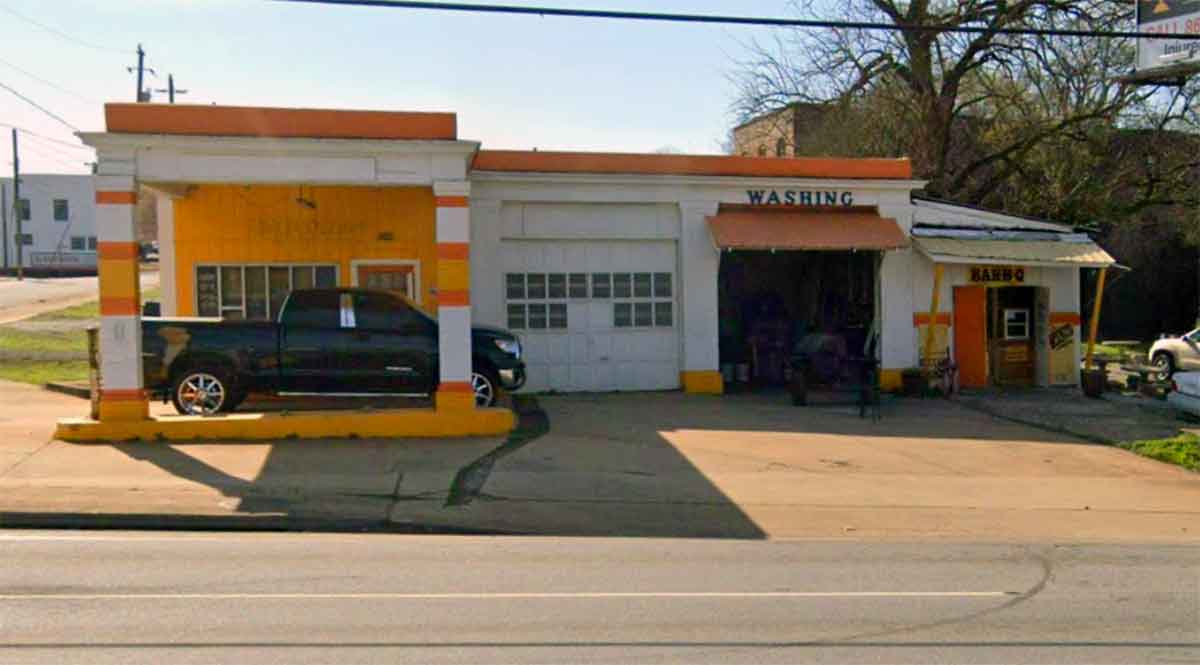 Exterior of Milford's BBQ in an old gas station in Anderson, SC.