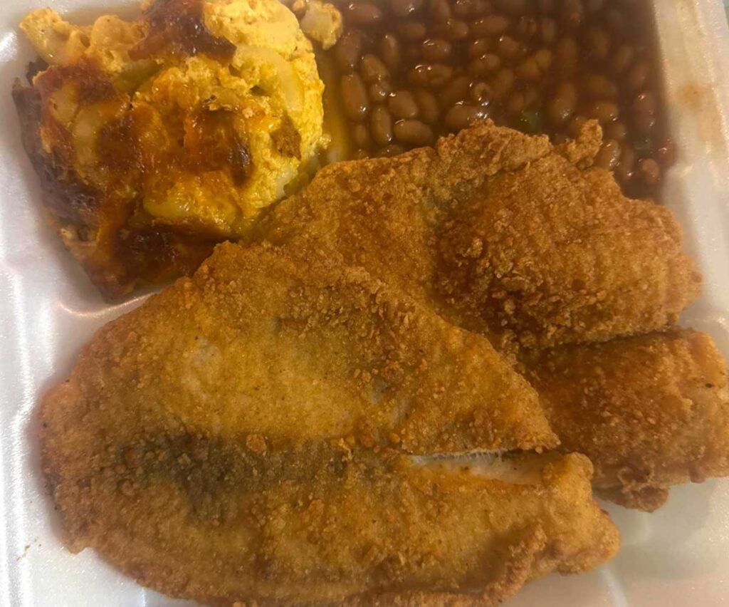 Fried fish platter with sides.
