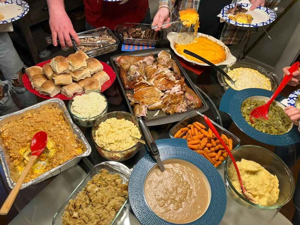An overhead shot showing many of the meats and sides from Granny and Papaws 