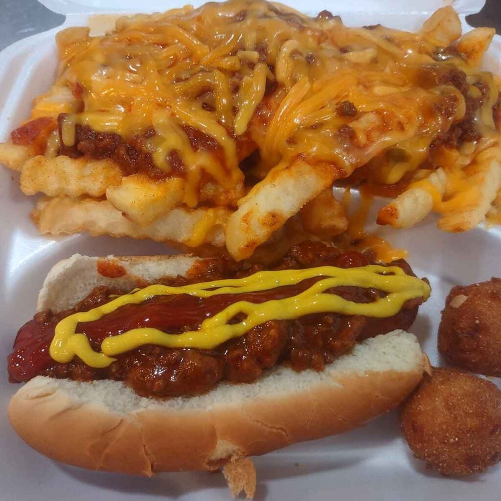 Chili dog with loaded fries from Big Als.