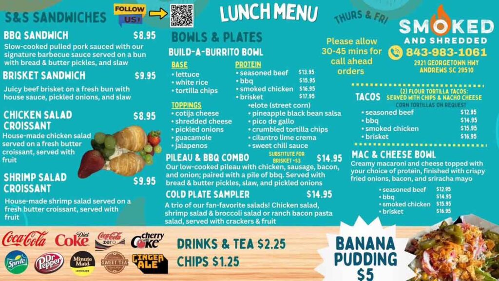 Lunch menu for Smoked and Shredded in Andrews.
