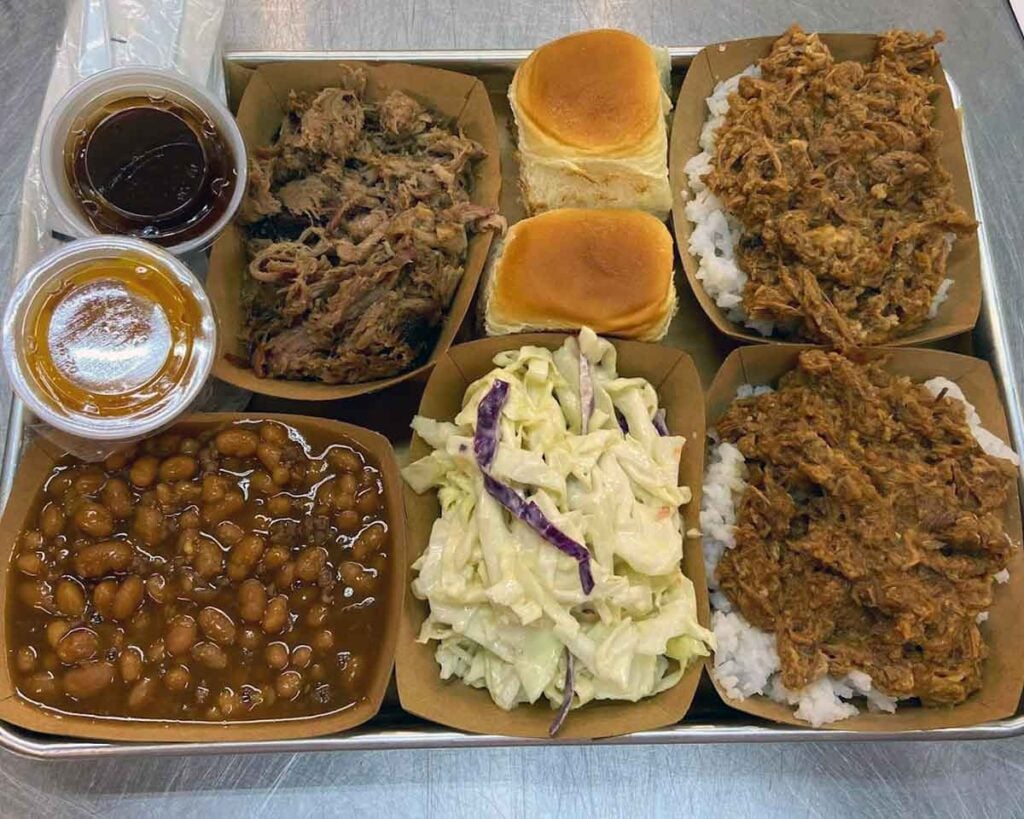 Meat, hash, sauce, and sides from Big D BBQ and Butcher.