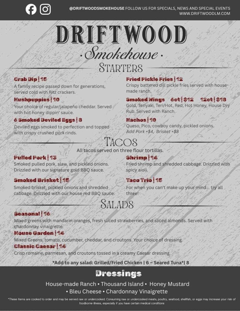 Menu 1 for Driftwood Smokehouse.