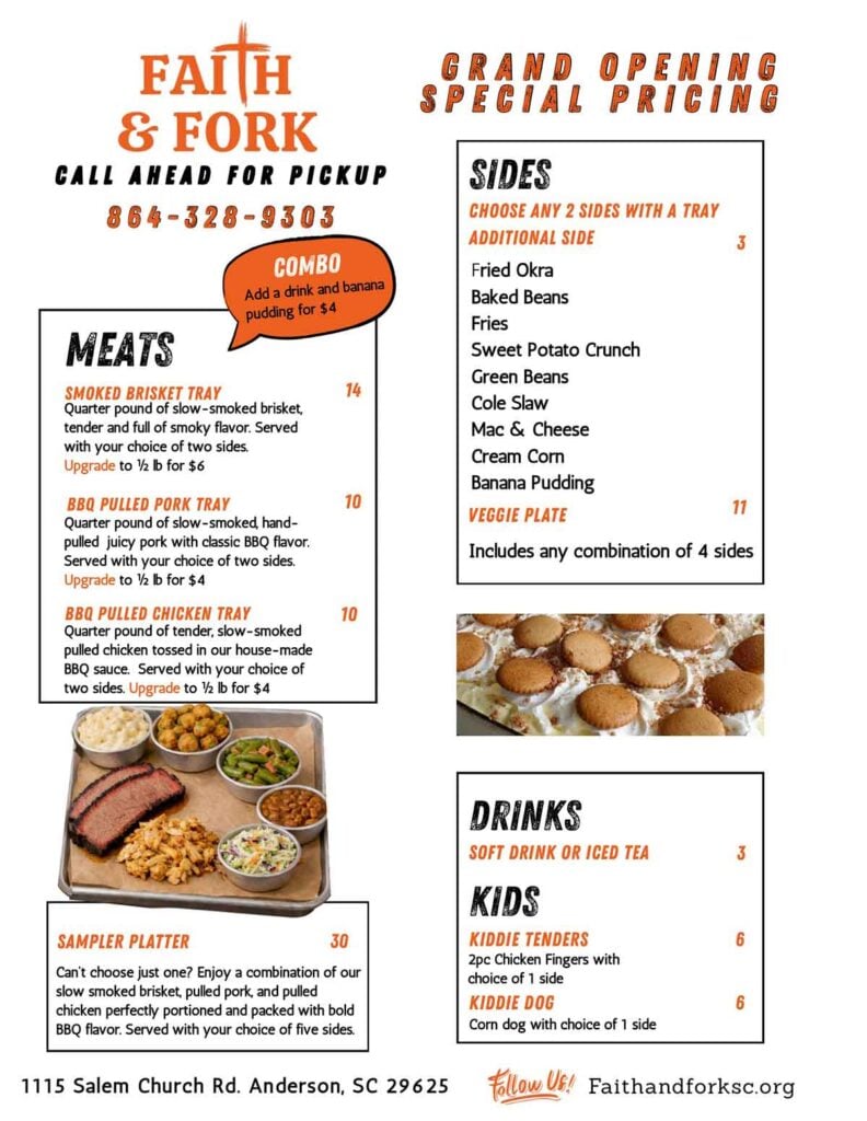 Menu 2 for Faith & Fork in Anderson, SC.