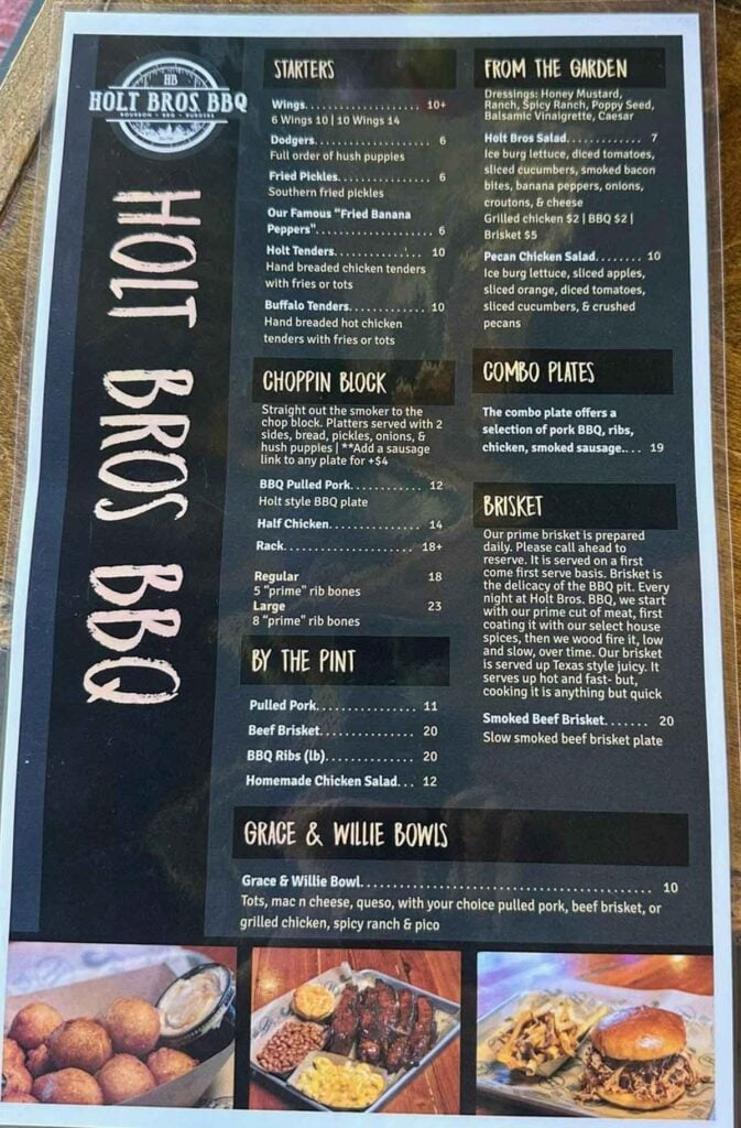 Front menu for Holt Bros BBQ in Hartsville.
