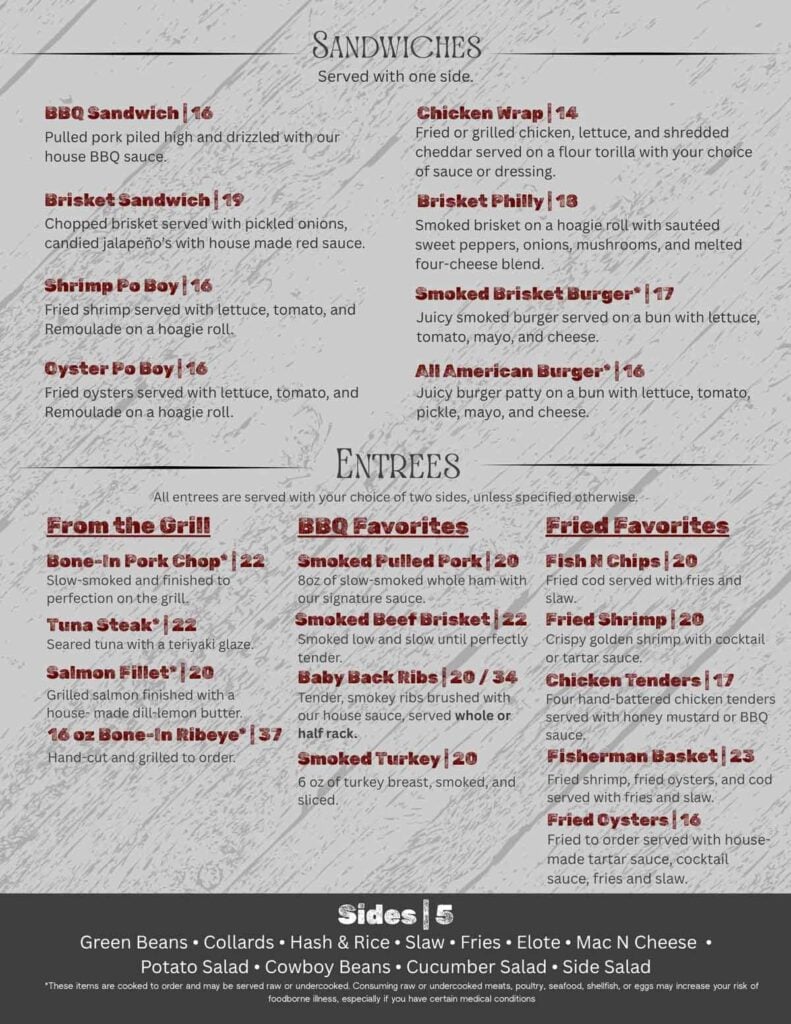 Menu 2 for Driftwood Smokehouse.