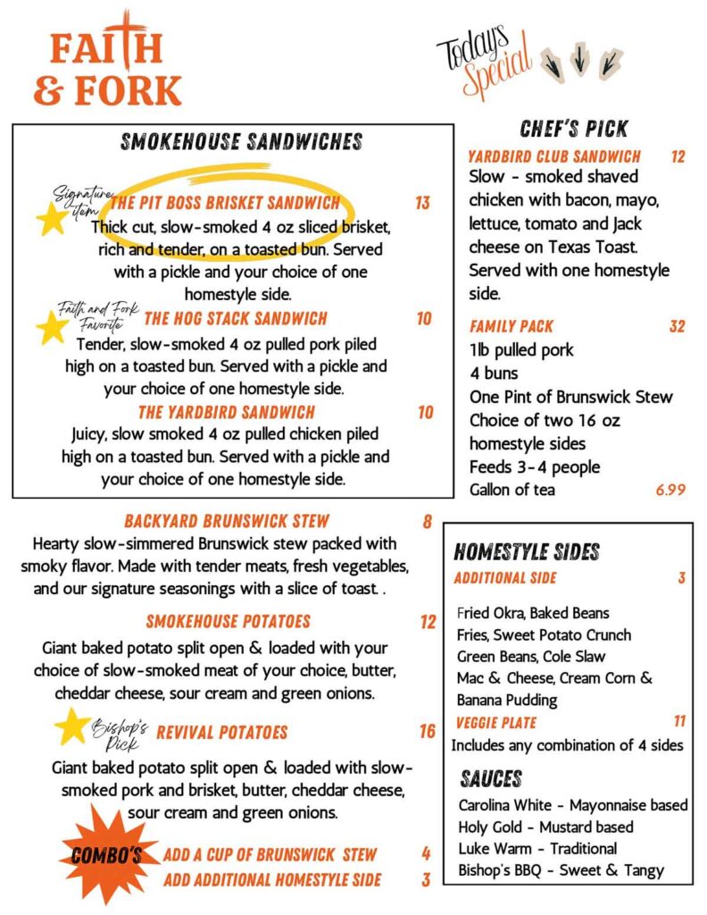 Menu 2 for Faith & Fork in Anderson, SC.