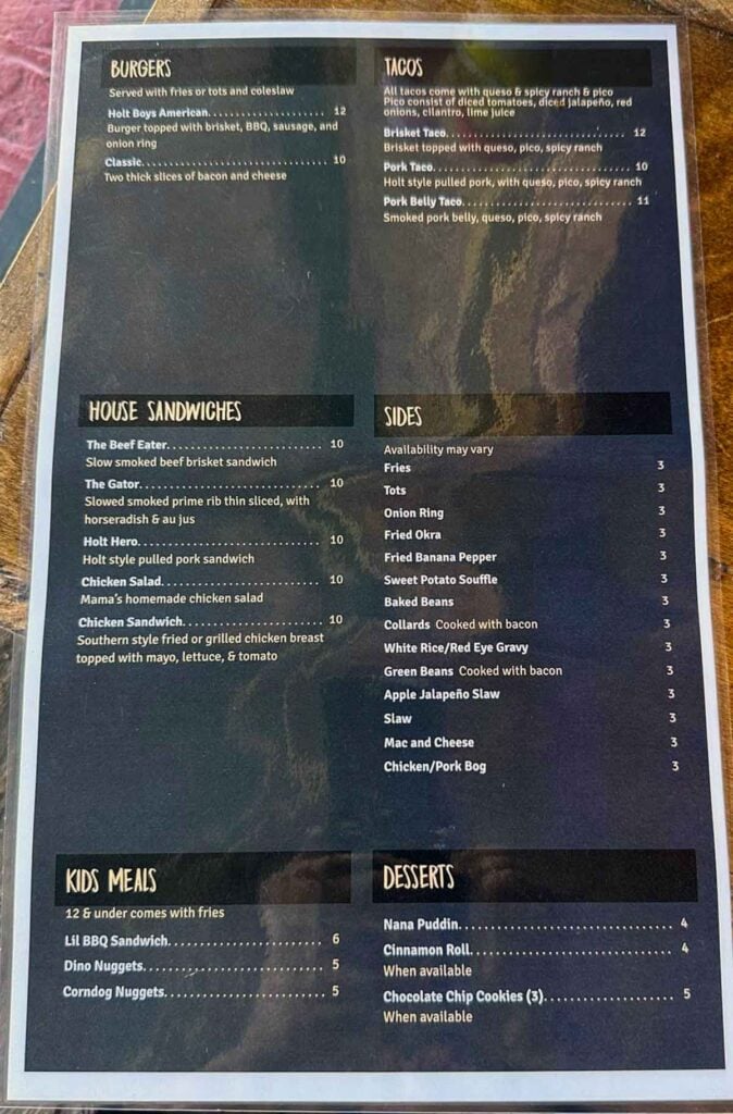 Back menu for Holt Bros BBQ in Hartsville.