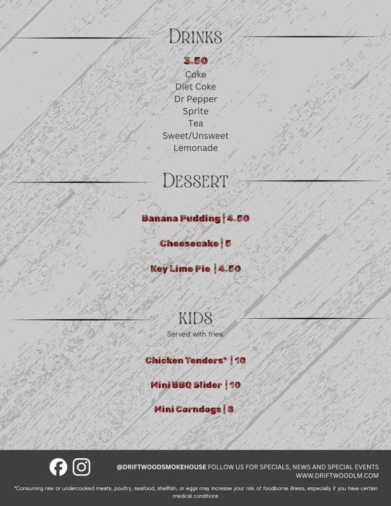 Menu 3 for Driftwood Smokehouse.