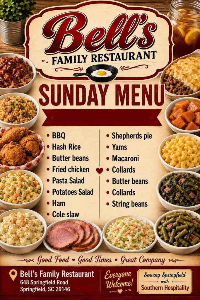 Menu for Bell's Family Restaurant in Springfield, SC. 