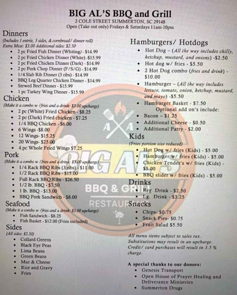 Menu for Big Al's BBQ in Summerton.