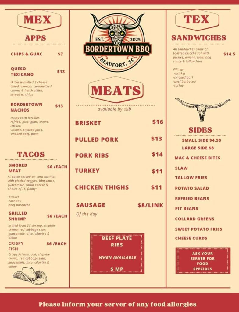 Menu for Bordertown BBQ in Beaufort.