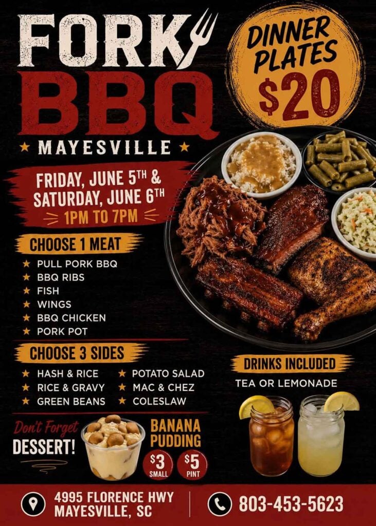 Sample menu from Forks BBQ in Mayesville.