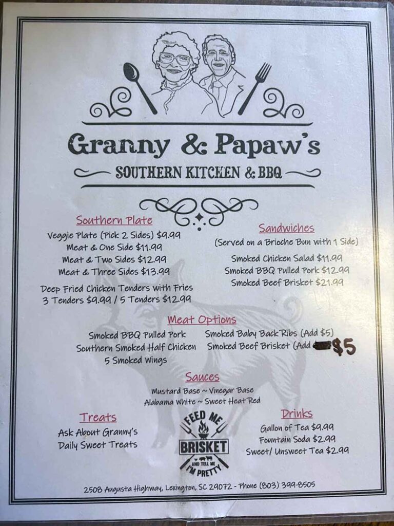 Menu for Granny & Papaw&rsquo;s BBQ in Lexington, SC.