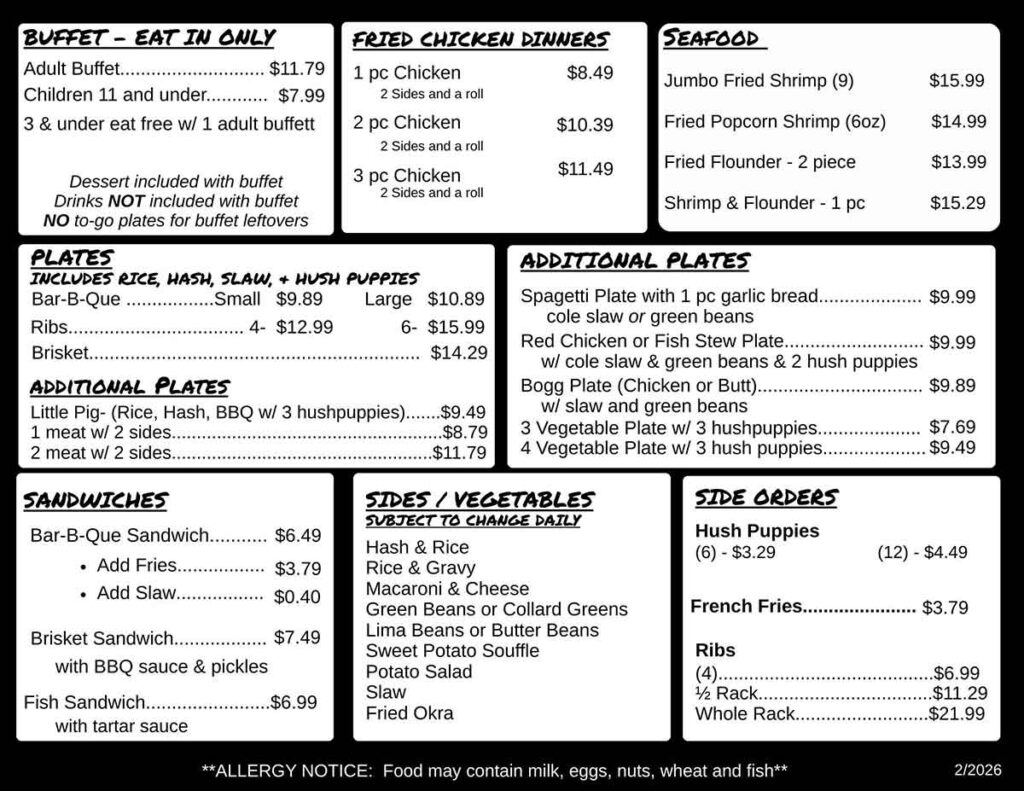 Menu for Mike's Smoking' BBQ in Bishopville, SC.
