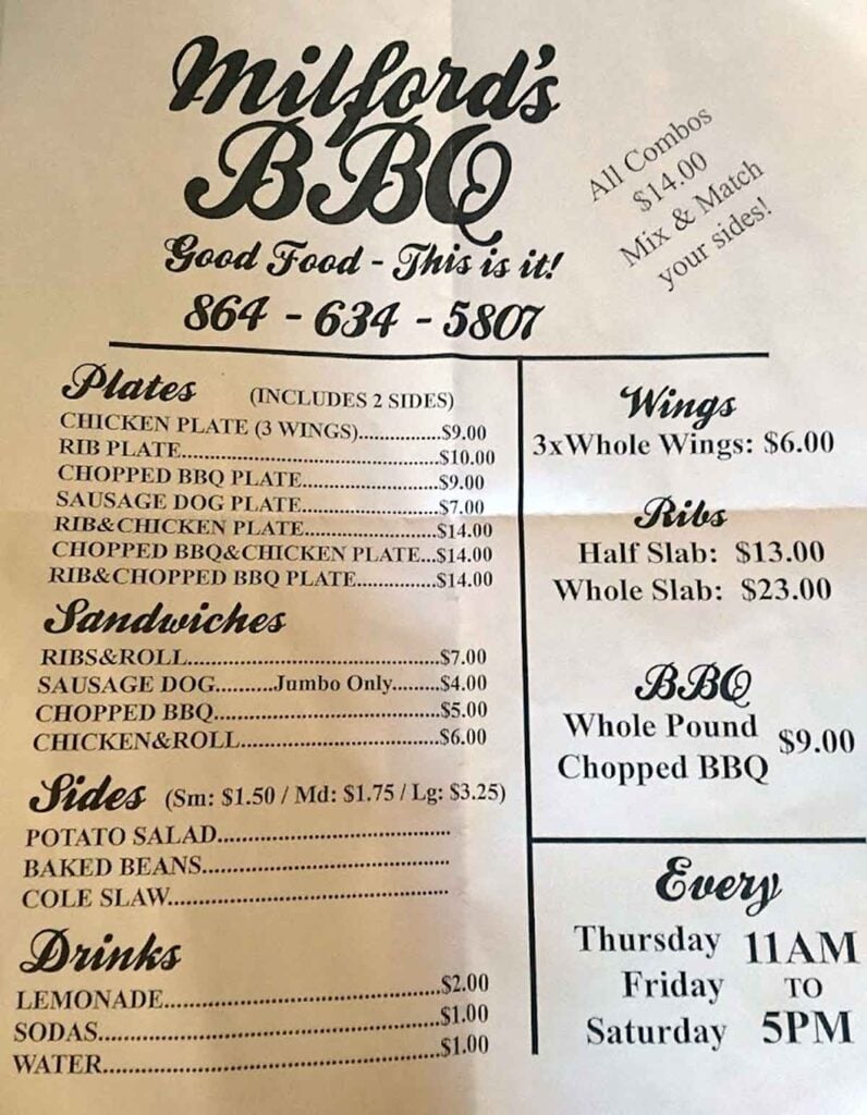 Menu for Milford's Barbecue in Anderson.