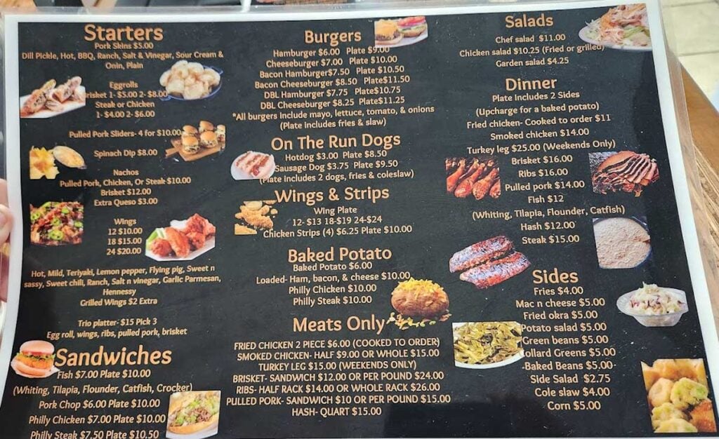 Menu for On the Run BBQ in Greenwood, SC.
