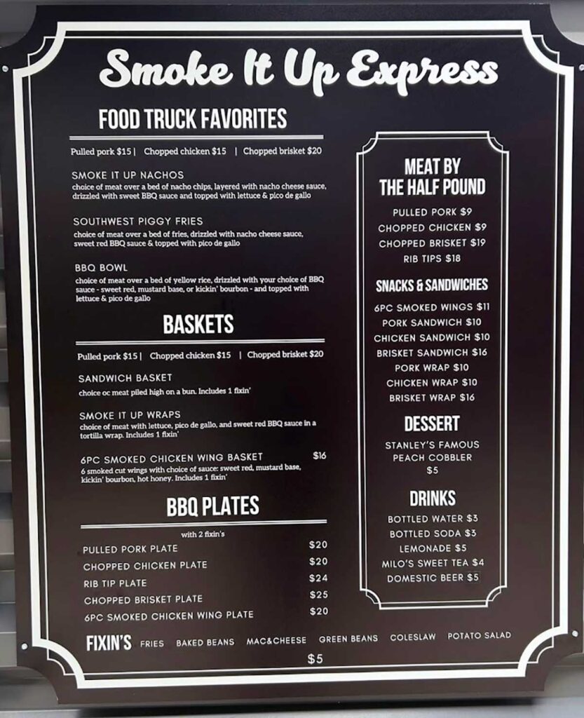 Menu for Smoke It Up Express.