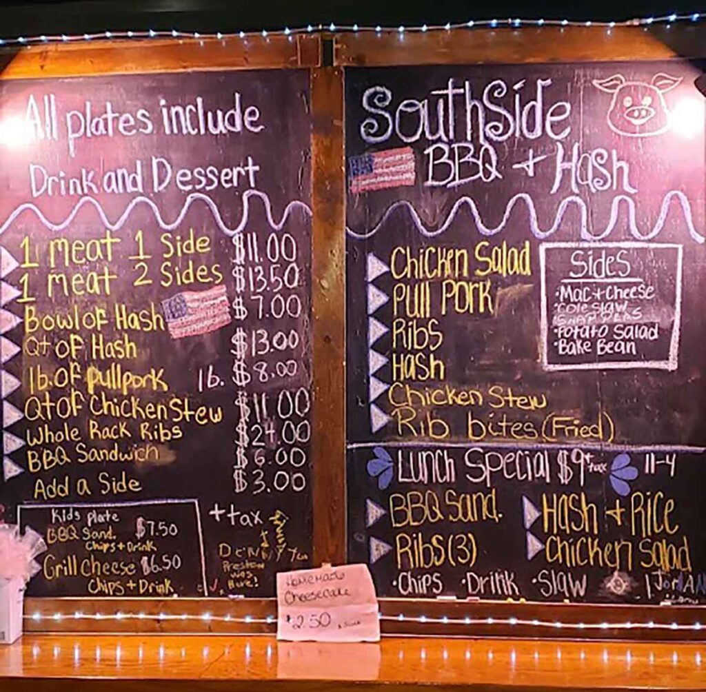 Menu for Southside BBQ & Hash.