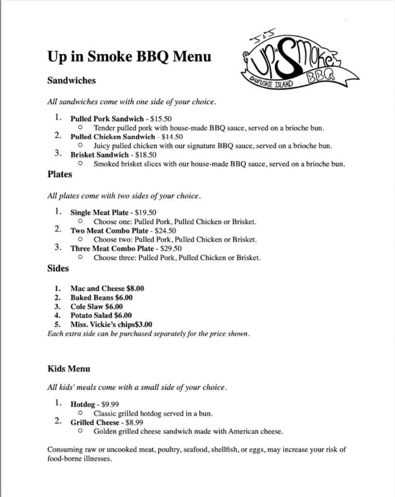 Menu for Up in Smoke BBQ on Daufuskie Island.