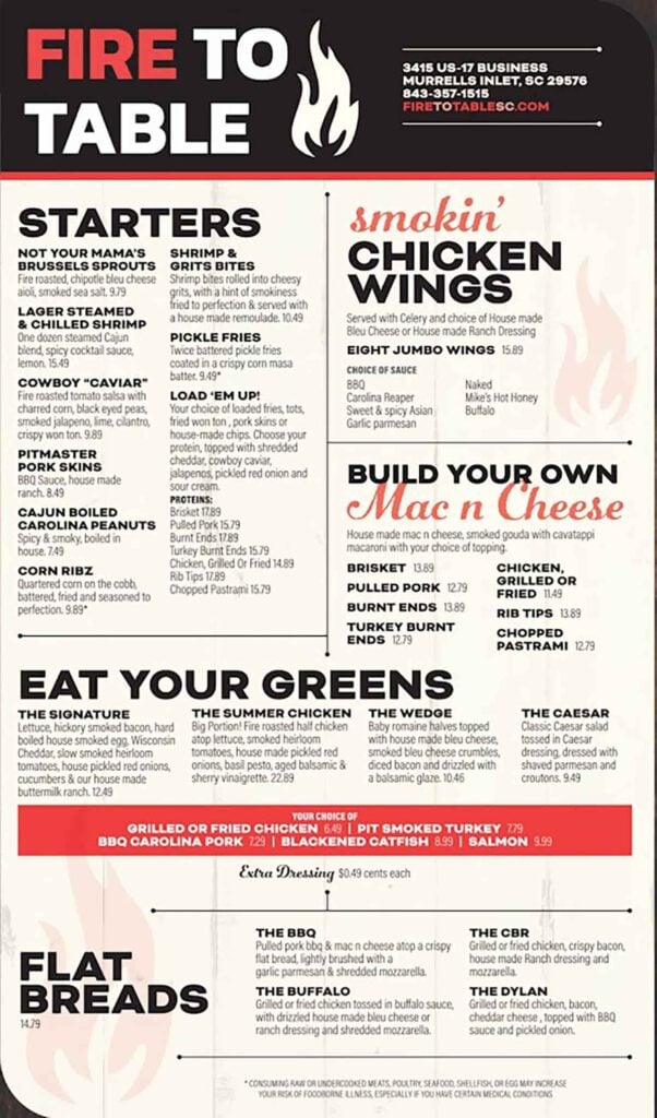 Sample menu for Fire to table, front side.