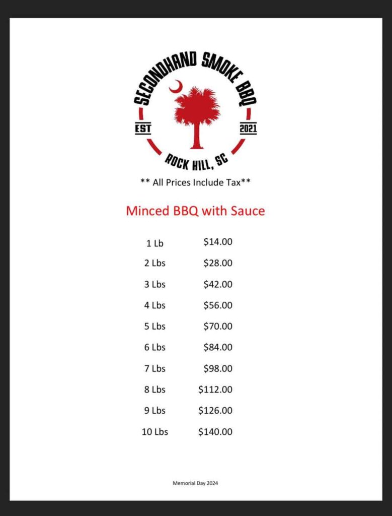 Meat menu at Secondhand Smoke near Rock Hill.