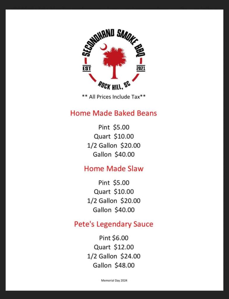 Sides menu at Secondhand Smoke near Rock Hill.