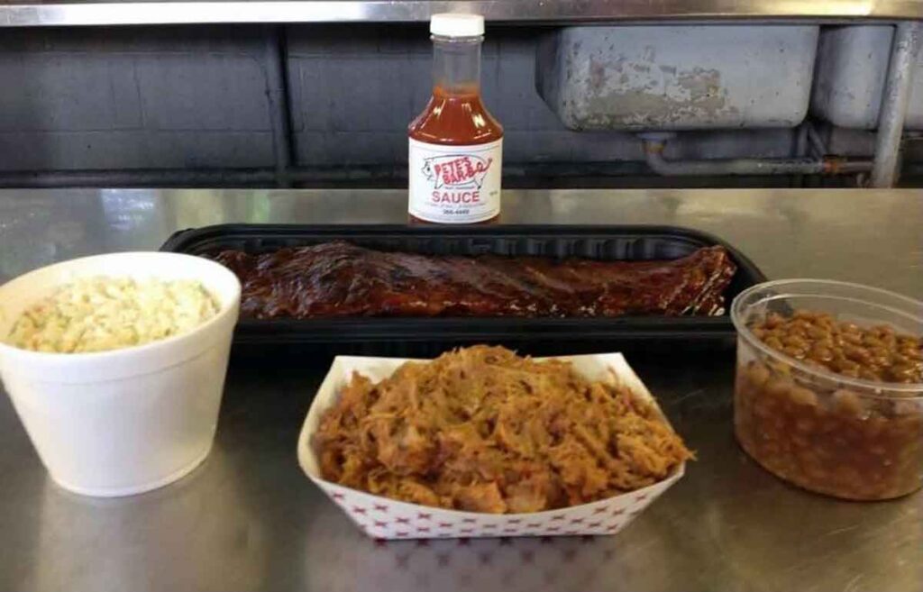 St. Louis ribs, minced pork, slaw, and beans.