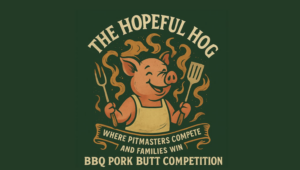 Logo of pig holding BBQ utensils.
