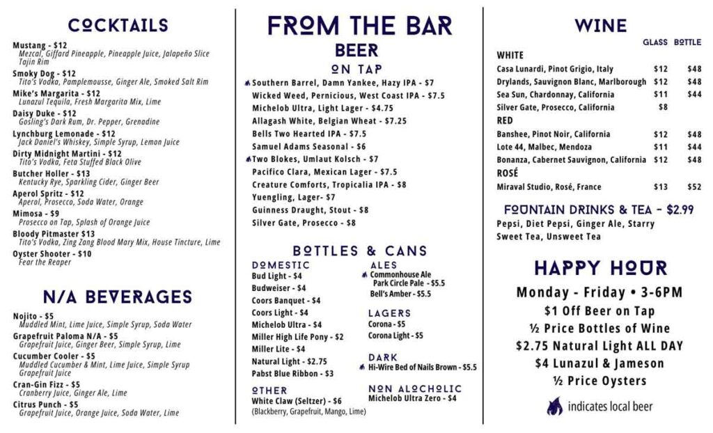 Drink menu for Blu Smoke Pit BBQ restaurant on John's Island, SC.