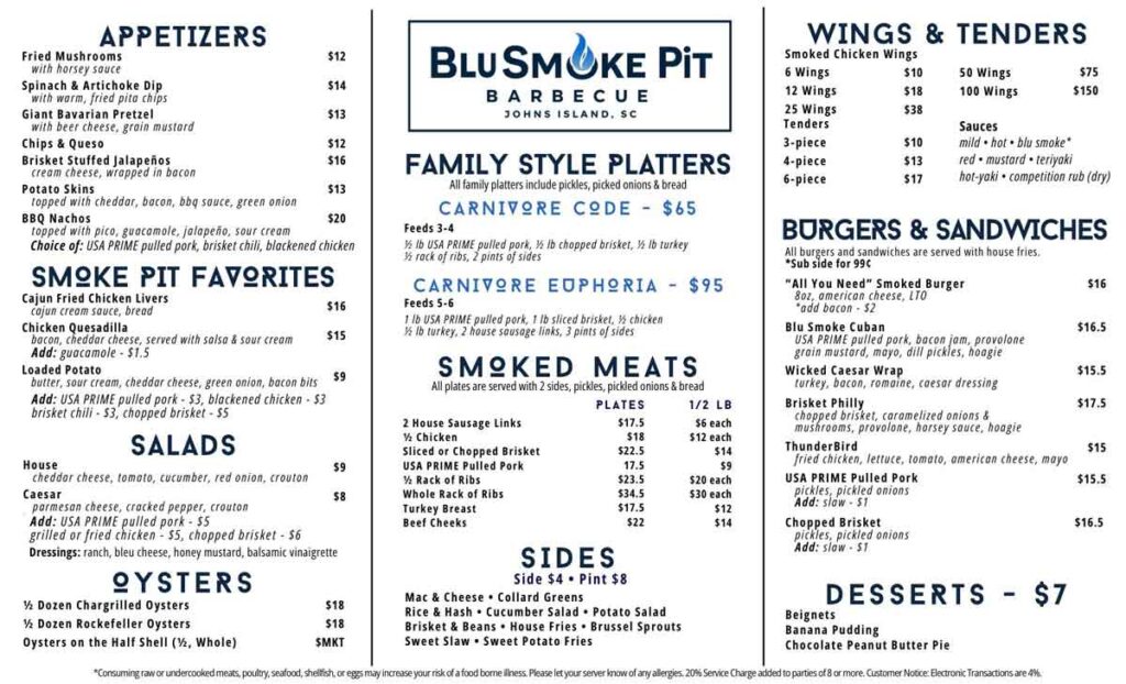 Food menu for Blu Smoke Pit BBQ restaurant on John's Island, SC.