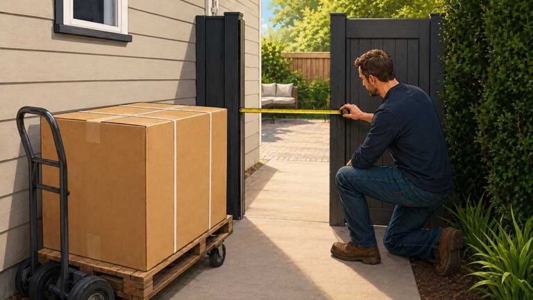 Person measuring a side gate before moving a large boxed grill or smoker to the backyard.