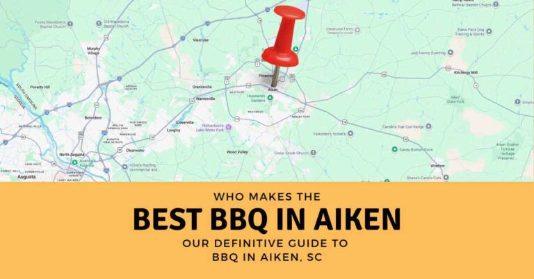 Illustrated map of Aiken, South Carolina, with a red map pin and the headline “Who makes the best BBQ in Aiken?”